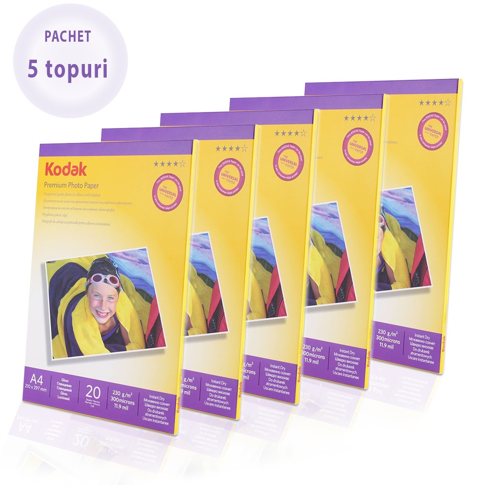 Pachet 5 topuri hartie foto Glossy Kodak, 230 g format A4, 100 coli - imagine 5